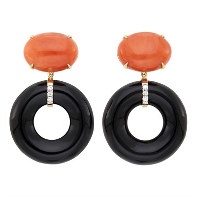 Lot 22 - Pair of Gold, Coral, Black Onyx and Diamond Pendant-Earclips