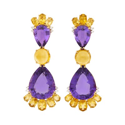 Lot 102 - Pair of Gold, Amethyst, Citrine and Diamond Pendant-Earclips