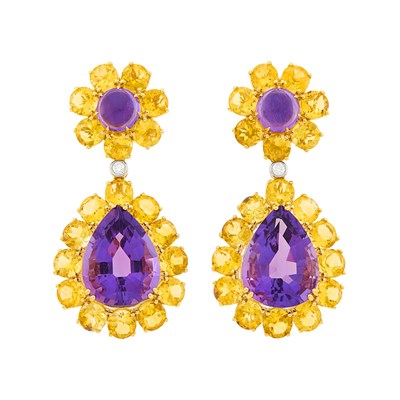 Lot 133 - Pair of Gold, Amethyst, Citrine and Diamond Pendant-Earclips