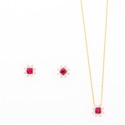 Lot 201 - Pair of Gold, Ruby and Diamond Flower Earrings and Necklace