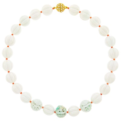 Lot 182 - Carved Jade, Coral and Gold Necklace