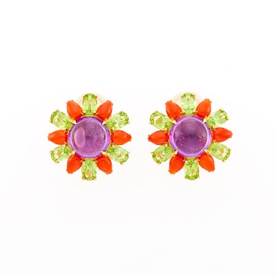 Lot 34 - Pair of Gold, Amethyst, Coral, Peridot and Diamond Earclips