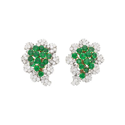 Lot 145 - Pair of Two-Color Gold, Emerald and Diamond Earclips, France
