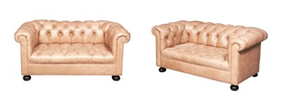 Lot 156 - Pair of Tan Leather-Tufted Leather Sofas...