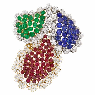 Lot 144 - Two-Color Gold, Gem-Set and Diamond Clip-Brooch
