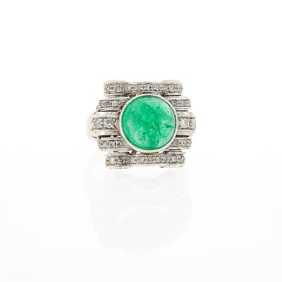 Lot 63 - Platinum, White Gold, Cabochon Emerald and Diamond Ring