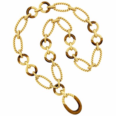 Lot 65 - Van Cleef & Arpels Long Gold and Tiger's Eye Pendant-Necklace, France