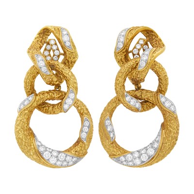 Lot 218 - André Vassort for M. Gérard Pair of Gold, Platinum and Diamond Hoop Pendant-Earclips, France