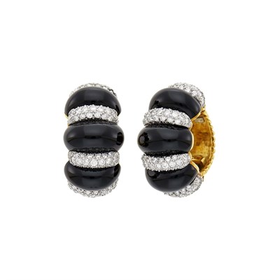 Lot 98 - Verdura Pair of Gold, Platinum, Black Onyx and Diamond Hoop Earclips