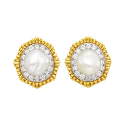 Lot 66 - David Webb Pair of Gold, Platinum, Baroque Cultured Pearl and Diamond Earclips