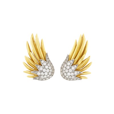 Lot 32 - Tiffany & Co., Schlumberger Pair of Gold, Platinum and Diamond 'Wing' Earclips