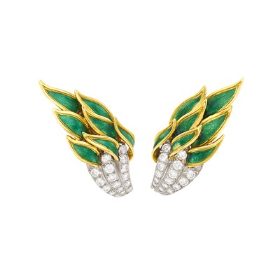 Lot 198 - Tiffany & Co., Schlumberger Pair of Gold, Platinum, Diamond and Green Enamel Earclips