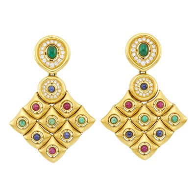 Lot 129 - Pair of Gold, Cabochon Colored Stone and Diamond Pendant-Earclips