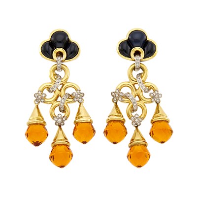 Lot 19 - Pair of Two-Color Gold, Black Onyx, Citrine and Diamond Pendant-Earclips