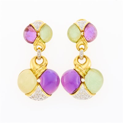 Lot 28 - Pair of Gold, Cabochon Amethyst, Chalcedony and Green Quartz and Diamond Pendant-Earrings