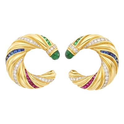 Lot 127 - Pair of Fluted Gold, Colored Stone and Diamond Hoop Earclips