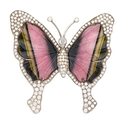 Lot 71 - White Gold, Carved Watermelon Tourmaline and Diamond Butterfly Clip-Brooch
