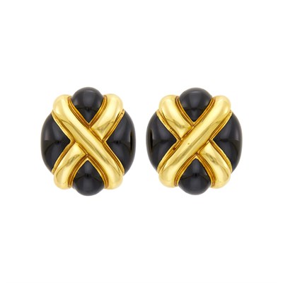 Lot 30 - Andrew Clunn Pair of Gold and Black Enamel Earclips