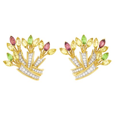 Lot 136 - Tiffany & Co., Schlumberger Pair of Gold, Platinum, Colored Stone and Diamond Earclips