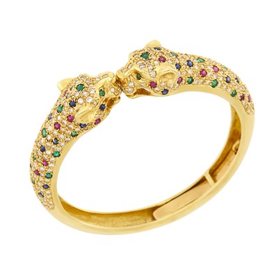 Lot 38 - Gold, Diamond, Enamel and Colored Stone Panther Bangle Bracelet