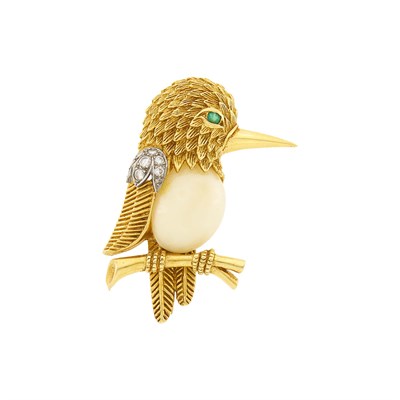 Lot 10 - Van Cleef & Arpels Gold, Platinum, White Coral and Diamond Bird Clip-Brooch