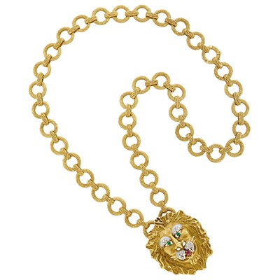 Lot 31 - Hammerman Brothers Gold, Diamond and Colored Stone Lion Pendant-Brooch Necklace