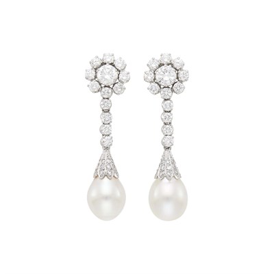 Lot 118 - Pair of Platinum, Diamond and Cultured Pearl Pendant-Earclips