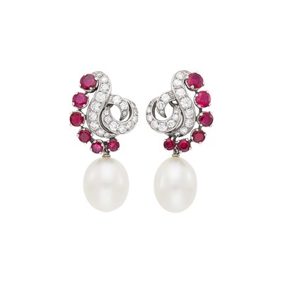 Lot 135 - Bulgari Pair of Platinum, Diamond, Ruby and Cultured Pearl Pendant-Earclips