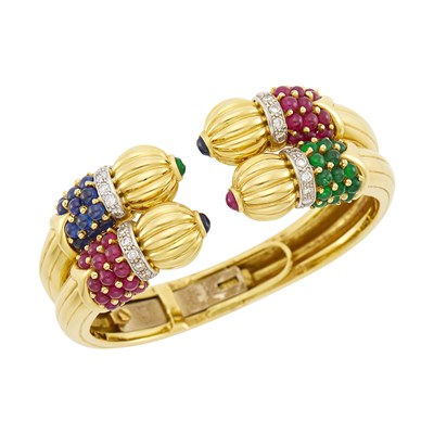 Lot 128 - Two-Color Gold, Cabochon Colored Stone and Diamond Bangle Bracelet