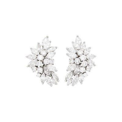 Lot 152 - Pair of Platinum and Diamond Cluster Earclips