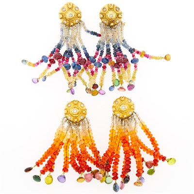 Lot 133 - Laura Munder Two Pairs of Gold, Diamond and Gem-Set Bead Fringe Earclips