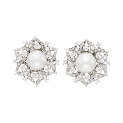 Lot 106 - G. Petocchi Pair of White Gold, Cultured Pearl and Diamond Earclips
