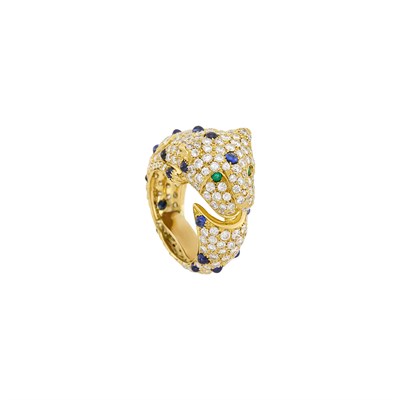 Lot 39 - Gold, Diamond, Cabochon Sapphire and Emerald Panther Ring