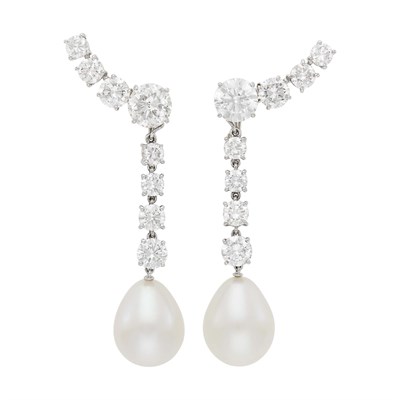 Lot 105 - Pair of Platinum, Diamond and Cultured Pearl Pendant-Earclips