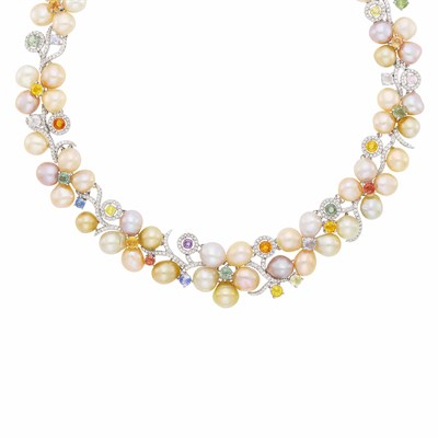 Lot 113 - White Gold, Freshwater Pearl, Multicolored Sapphire and Diamond Necklace, Bracelet and Pair of Earclips