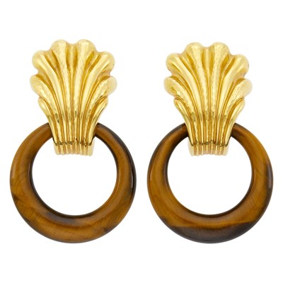 Lot 63 - Andrew Clunn Pair of Gold and Tiger's Eye Hoop Pendant-Earclips