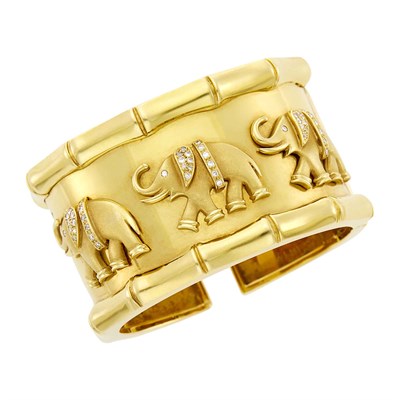 Lot 153 - Gold and Diamond Elephant Cuff Bangle Bracelet