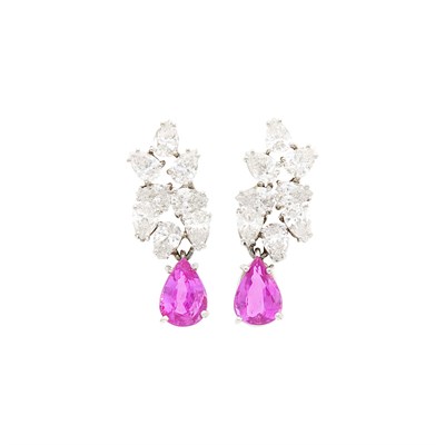 Lot 183 - Pair of White Gold, Diamond and Pink Sapphire Pendant-Earclips
