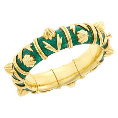 Lot 35 - Tiffany & Co., Schlumberger Gold and Green Paillonné Enamel 'Cones' Bracelet, France