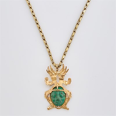 Lot 225 - Gold and Carved Green Hardstone Hardstone Pendant-Brooch with Two-Color Gold Necklace