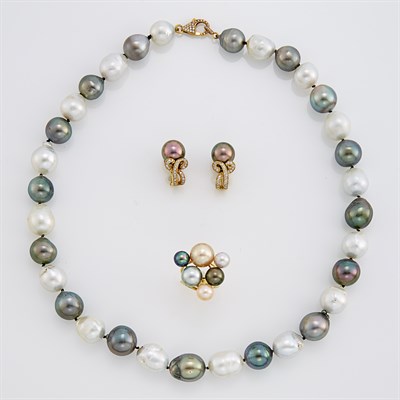 Lot 246 - Multicolored Baroque Cultured Pearl Necklace, Ring and Pair of Earclips