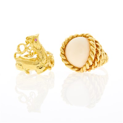Lot 123 - Gold and Angel Skin Coral Ring and Zolotas Gold Animal Ring