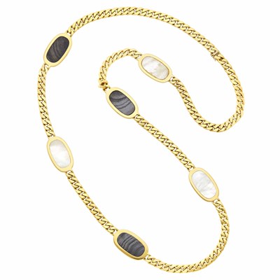 Lot 42 - Bulgari Long Gold, Banded Agate and Mother-of-Pearl Curb Link Chain Necklace