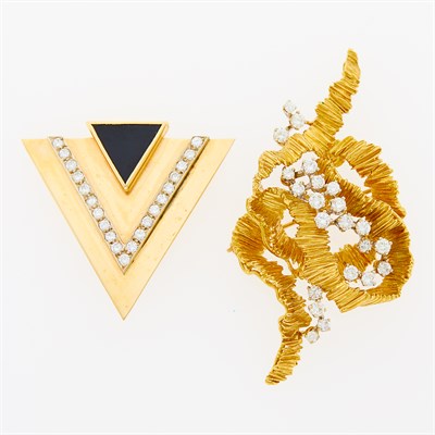 Lot 141 - Gold, Black Onyx and Diamond Brooch and Gold and Diamond Brooch