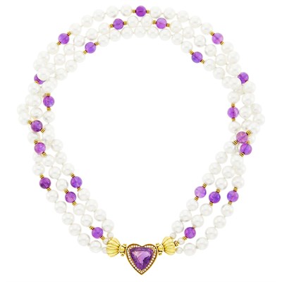 Lot 187 - Triple Strand Imitation Pearl, Amethyst Bead, Gold, Amethyst and Diamond Necklace