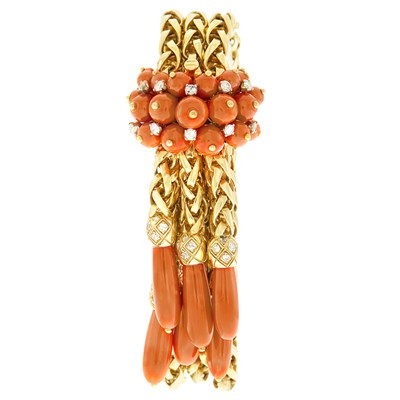 Lot 21 - Triple Strand Gold, Coral and Diamond Tassle Bracelet