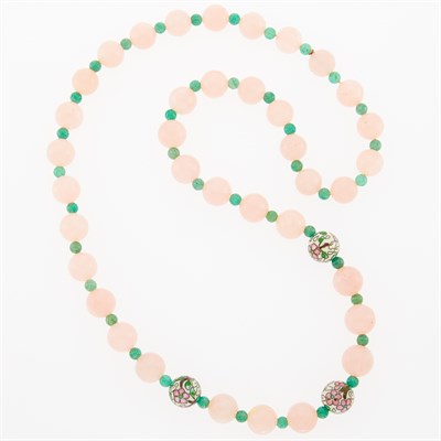 Lot 189 - Rose and Aventurine Quartz and Enamel Bead Necklace