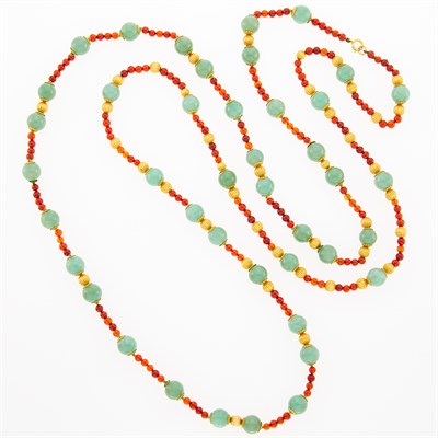 Lot 8 - Long Jade, Carnelian and Gold Bead Necklace