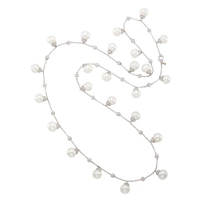 Lot 102 - Long White Gold, South Sea Cultured Pearl and Diamond Chain Necklace
