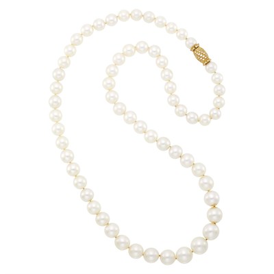Lot 184 - Long South Sea Cultured Pearl Necklace with Gold and Diamond Clasp